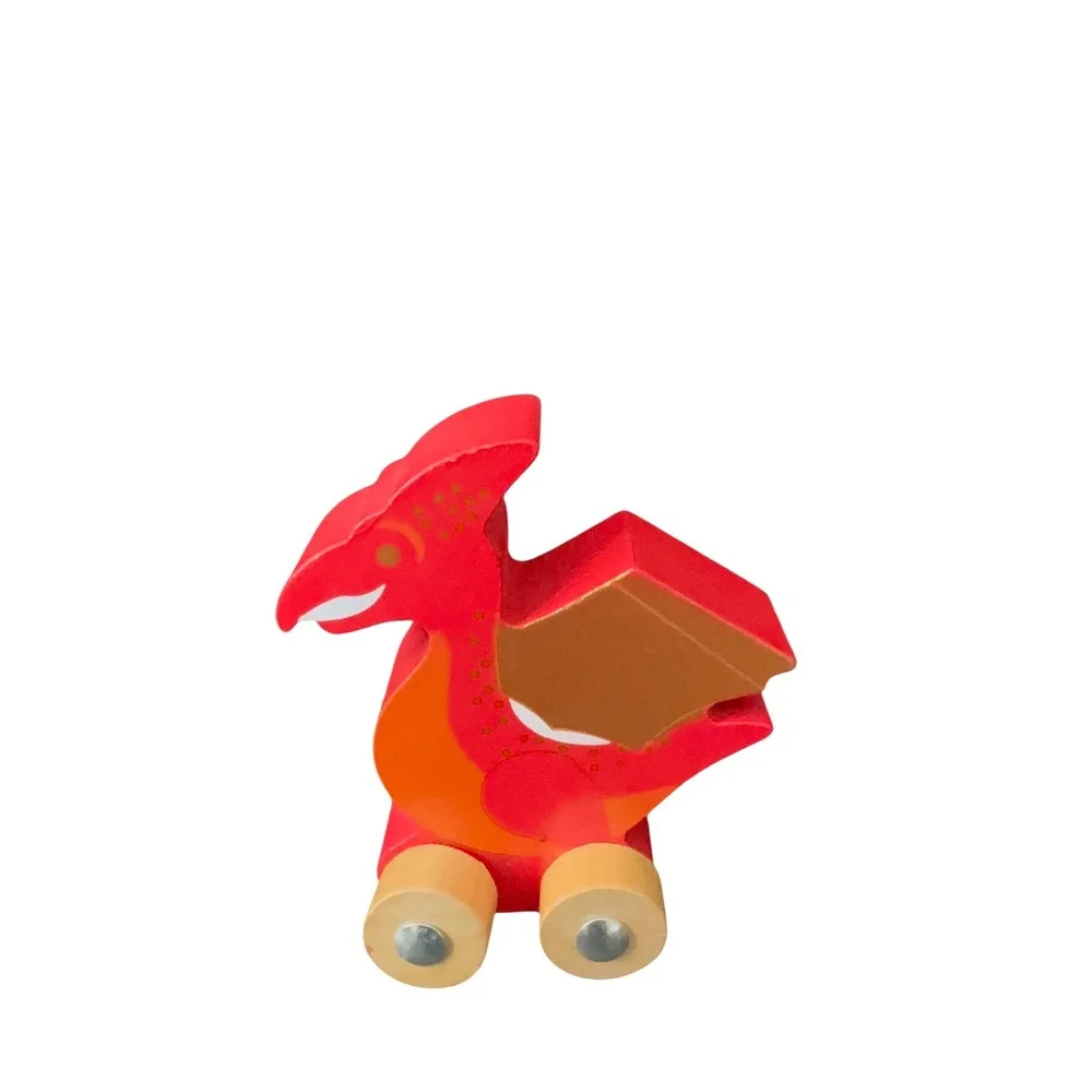 Wooden Pteranodon Dinosaur Rolling Toy Car Red Orange Wood Preschool Vehicle